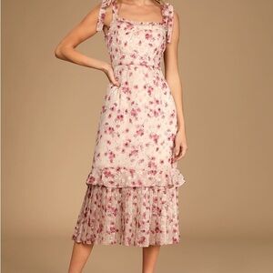 Lulu’s Terrace Views Taupe Floral Print Tiered Midi Dress